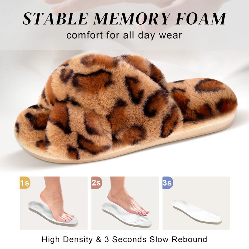 Parlovable Women's Fuzzy Slippers Comfy Cross Band House Shoes Memory Foam Open Toe Indoor Gifts for Ladies Leopard 7-8 - Image 5